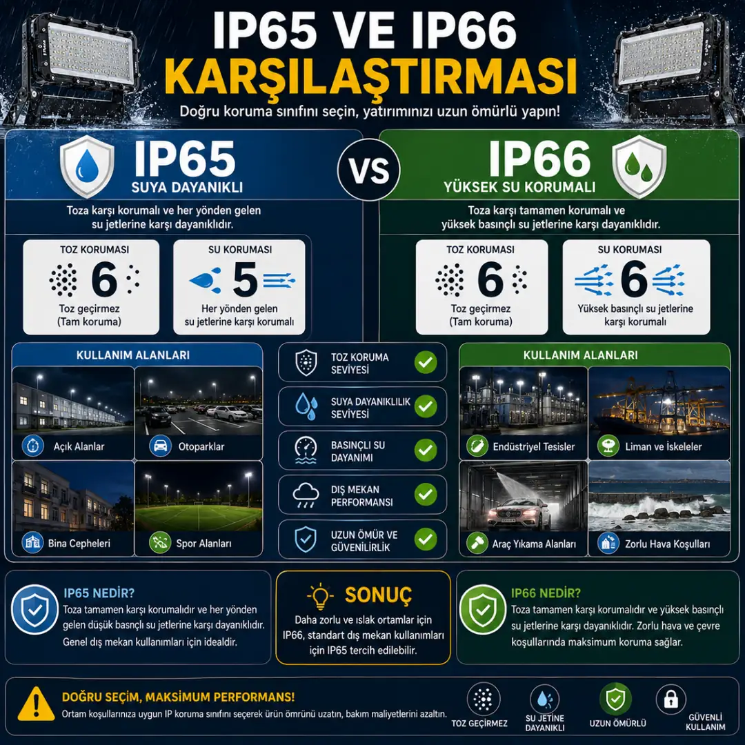 IP65 ve IP66 projektör koruma sınıfı karşılaştırması&nbsp;