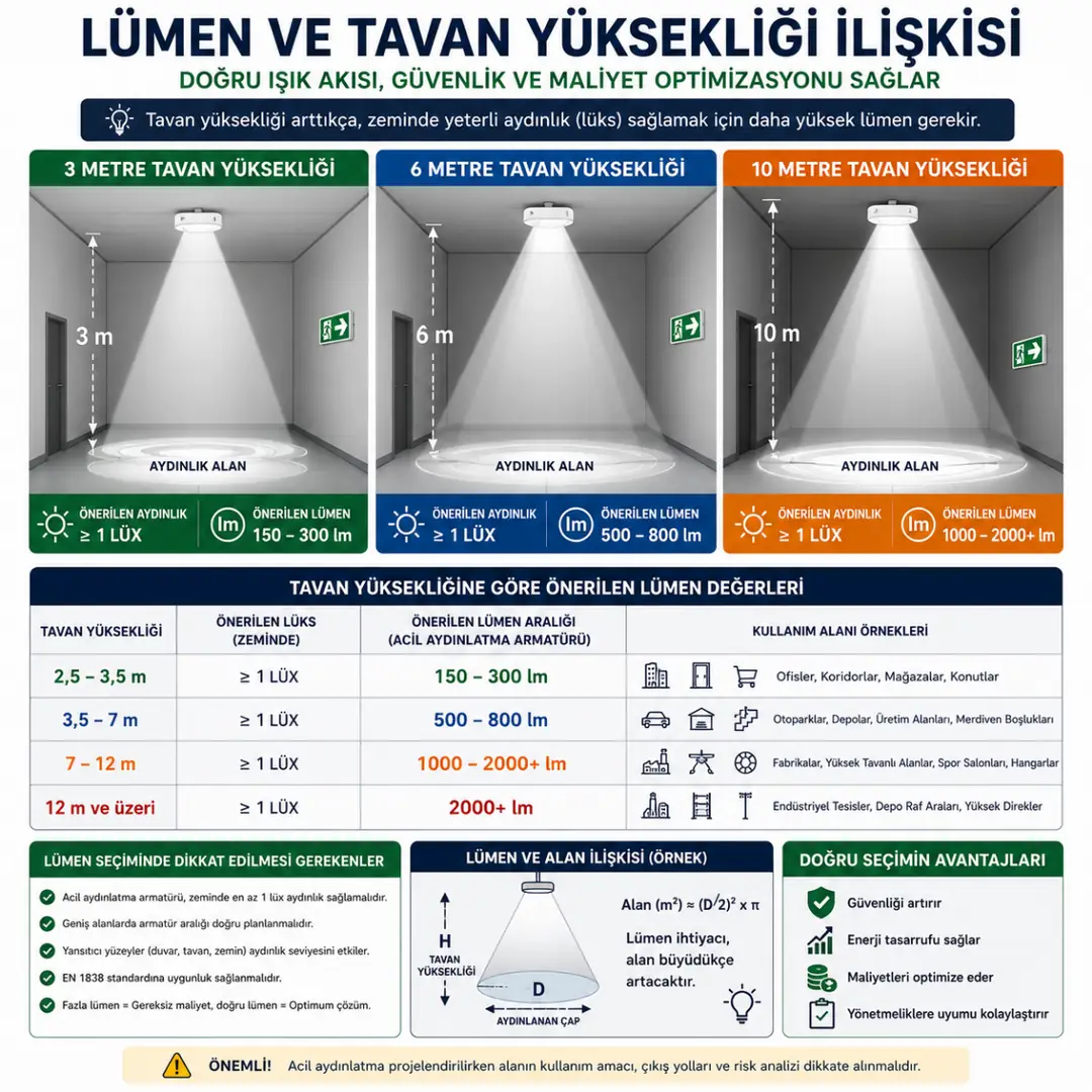Acil aydınlatma lümen ve tavan yüksekliği ilişkisi&nbsp;