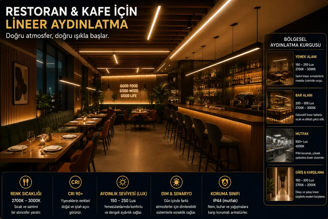 Restoranda sıcak beyaz lineer aydınlatma uygulaması&nbsp;
