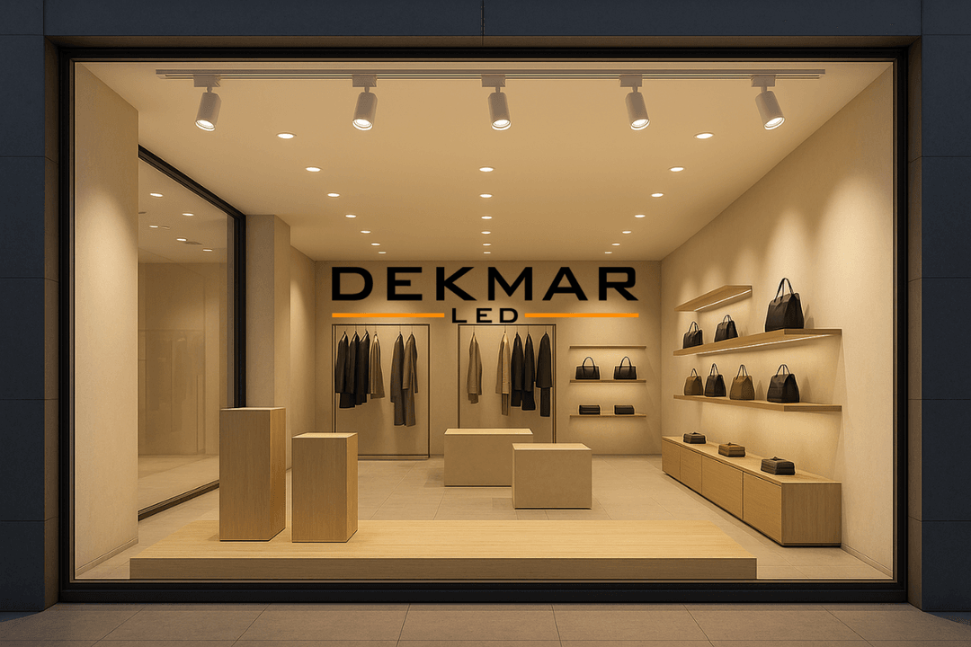 Raylı sistemle konumlandırılan En İyi LED Spot Markası, vitrin içindeki ürünlerin dikkat çekici görünmesini sağlar.