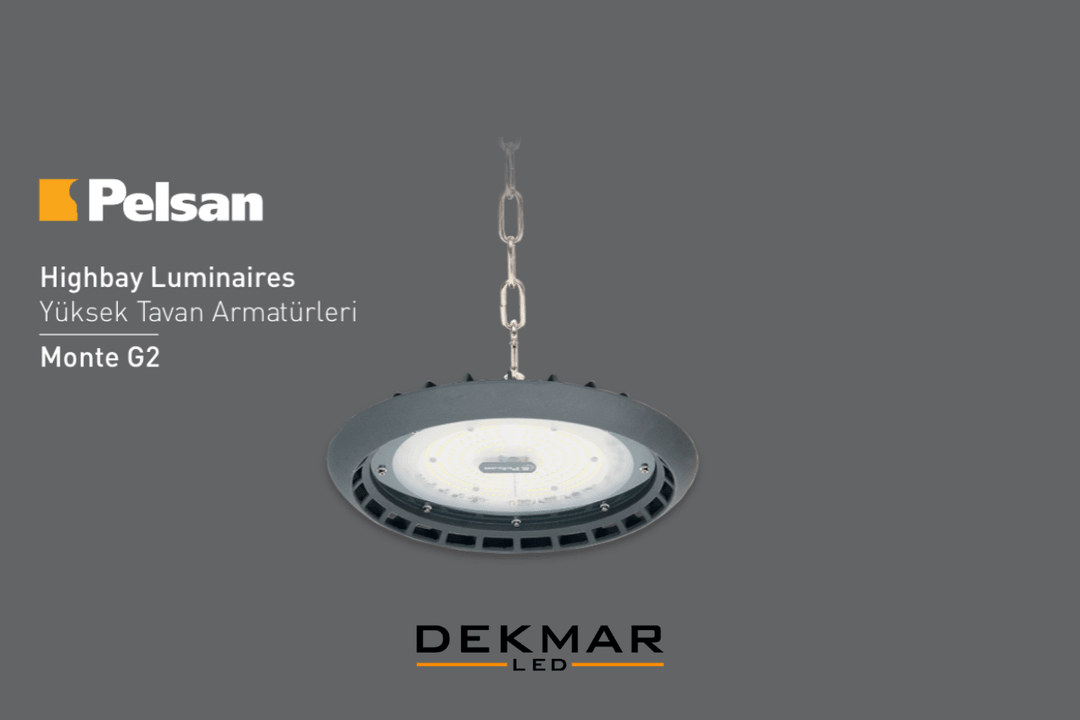 Pelsan Monte G2 yüksek tavan armatürü – fabrikalar ve depolar için uzun ömürlü, yüksek verimli LED aydınlatma çözümü. 