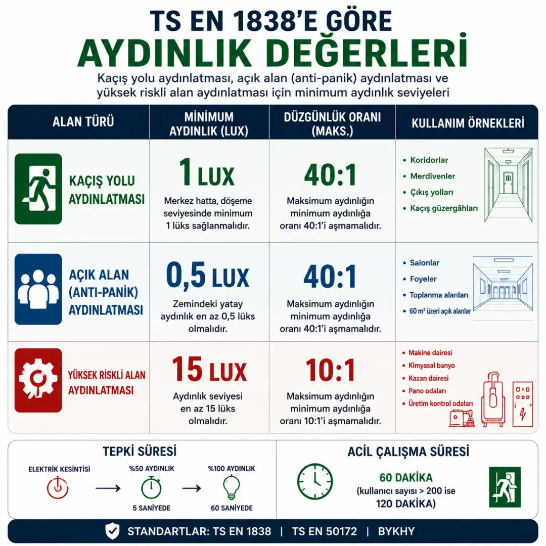 TS EN 1838 kaçış yolu açık alan ve yüksek riskli alan lüks değerleri&nbsp;