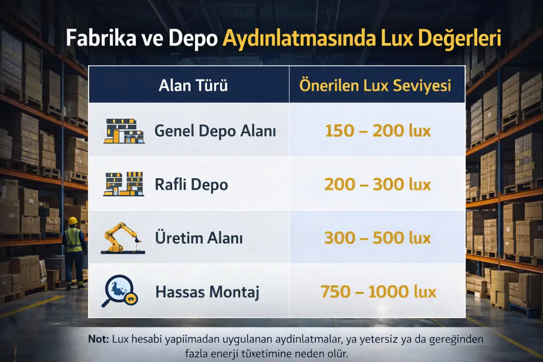 Fabrika ve depo aydınlatması için önerilen lux değerleri tablosu