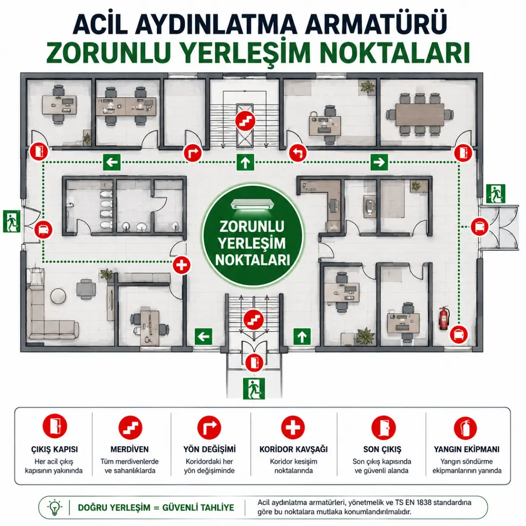 Acil aydınlatma armatürü zorunlu yerleşim noktaları&nbsp;