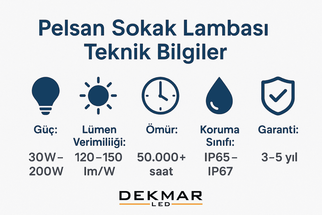 Pelsan sokak lambası teknik bilgiler: watt aralığı, lümen, ömür ve IP koruma sınıfı. 
