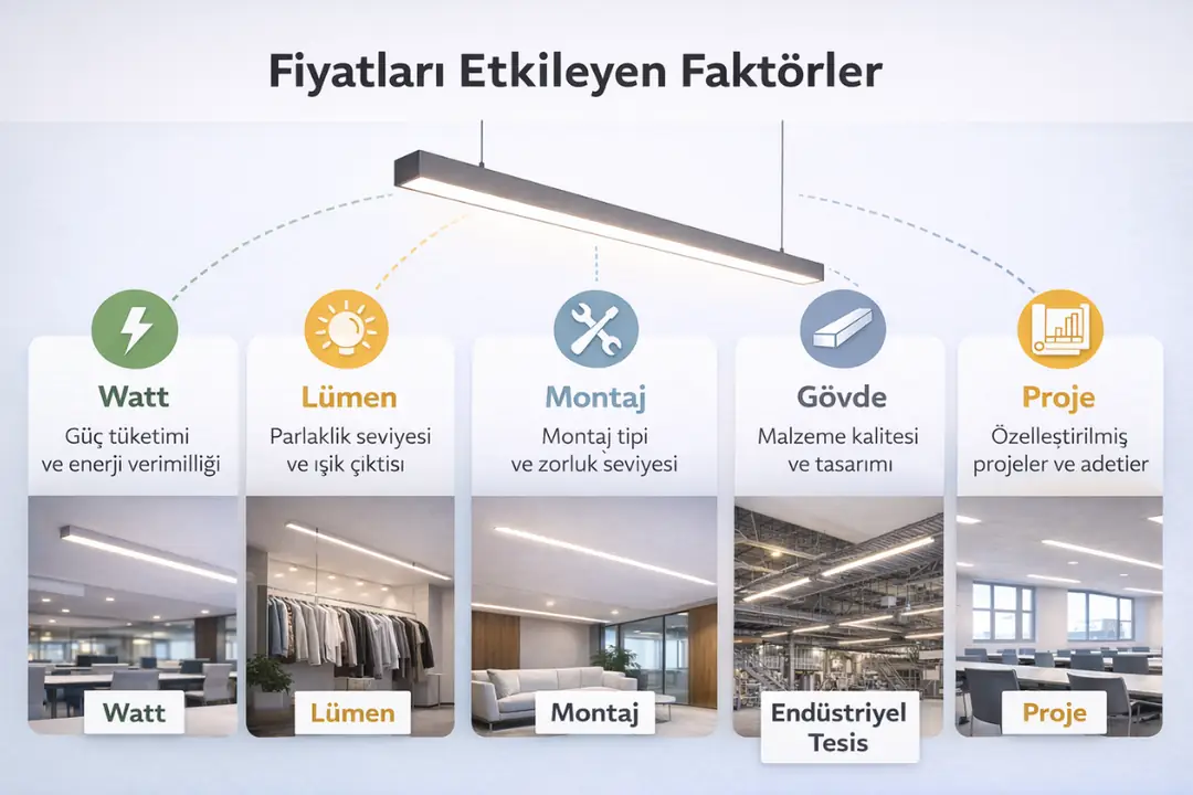 Lineer aydınlatma fiyatlarını etkileyen watt, lümen, montaj tipi, gövde kalitesi ve proje detaylarını gösteren infografik&nbsp;