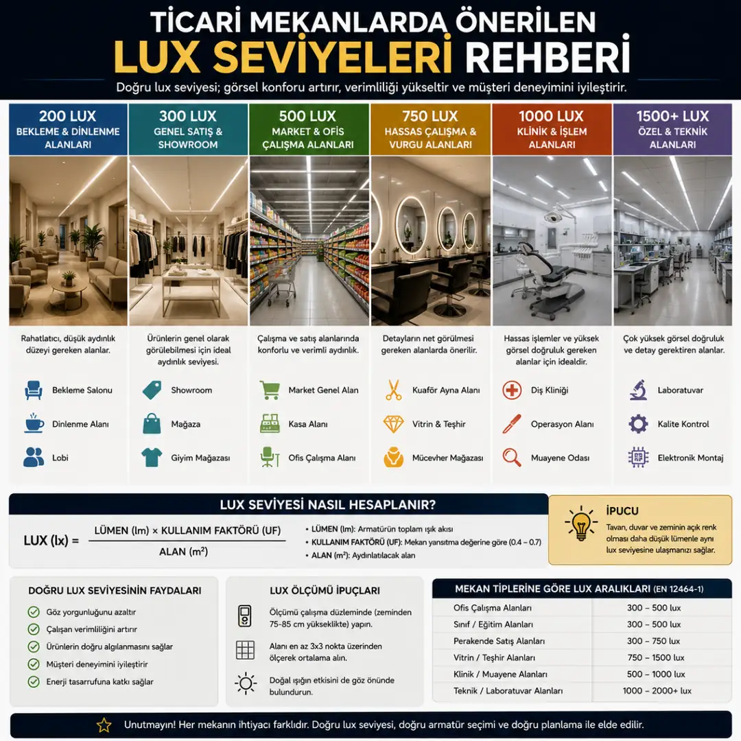 Ticari mekanlarda önerilen lux seviyeleri&nbsp;