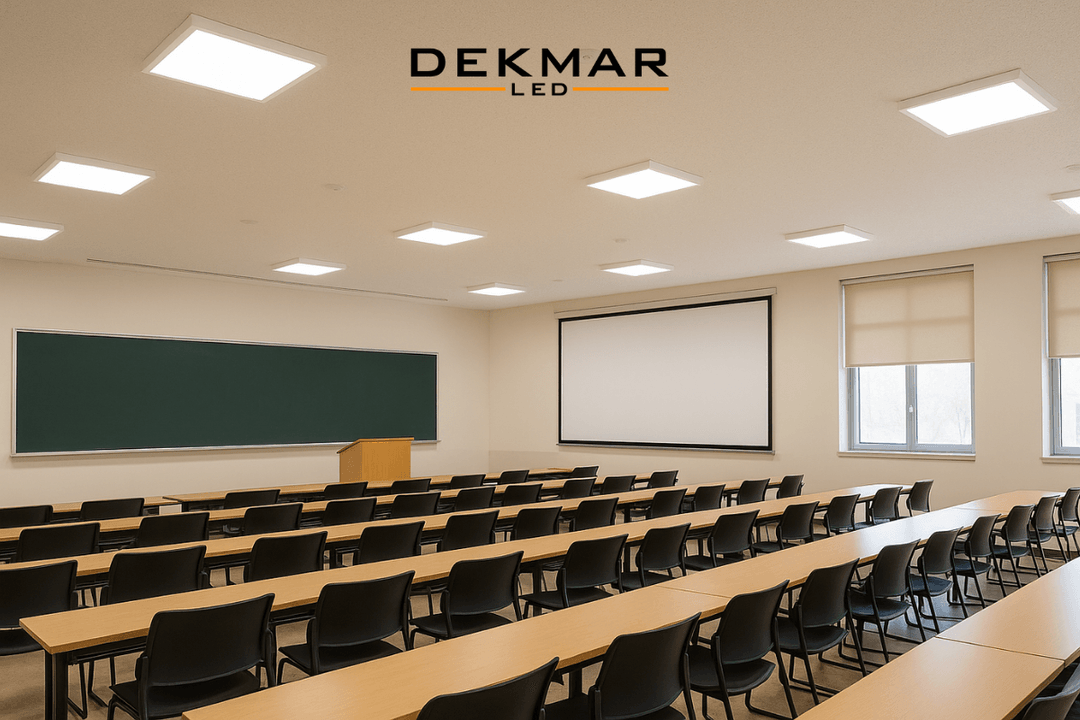 Üniversite dersliğinde sıva üstü monte edilen Pelsan 60x60 LED paneller ile güçlü ve homojen aydınlatma sağlanmıştır. 