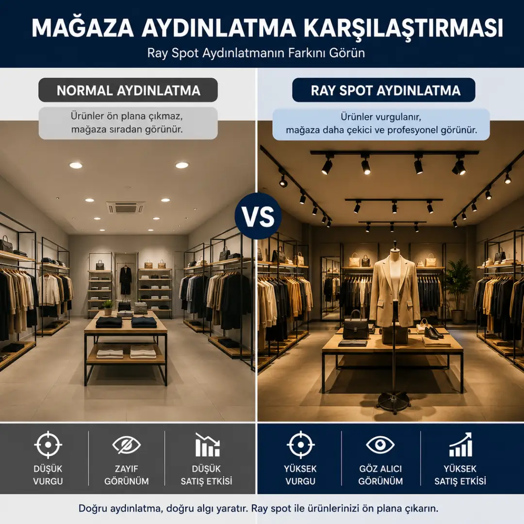 Ray spot kullanılan mağaza vitrin aydınlatması örneği&nbsp;