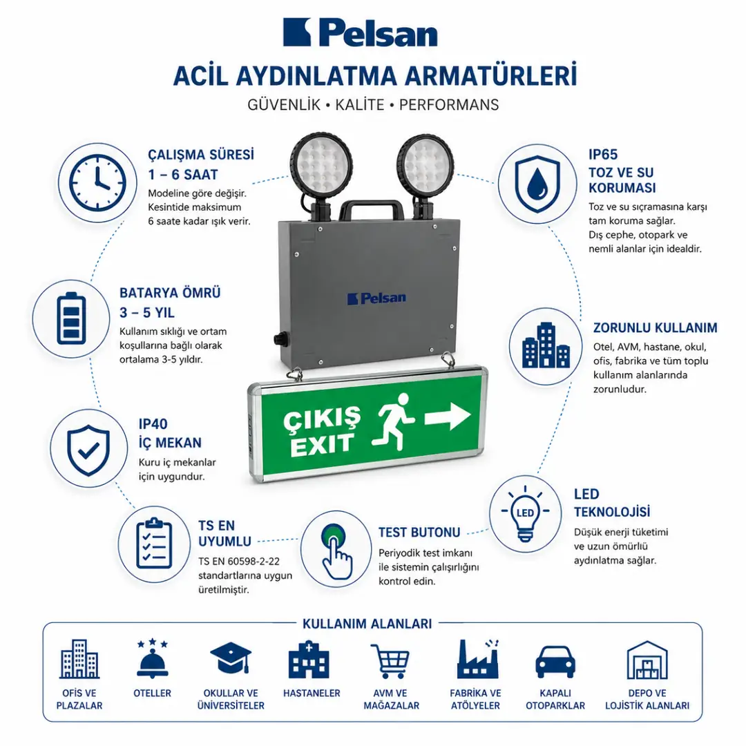 Pelsan acil aydınlatma armatürü çalışma süresi, batarya ömrü, IP koruma sınıfı ve kullanım alanlarını gösterir.&nbsp;