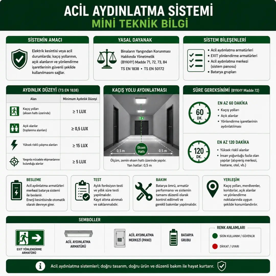 Acil aydınlatma yönetmeliği teknik şartları özet tablosu&nbsp;