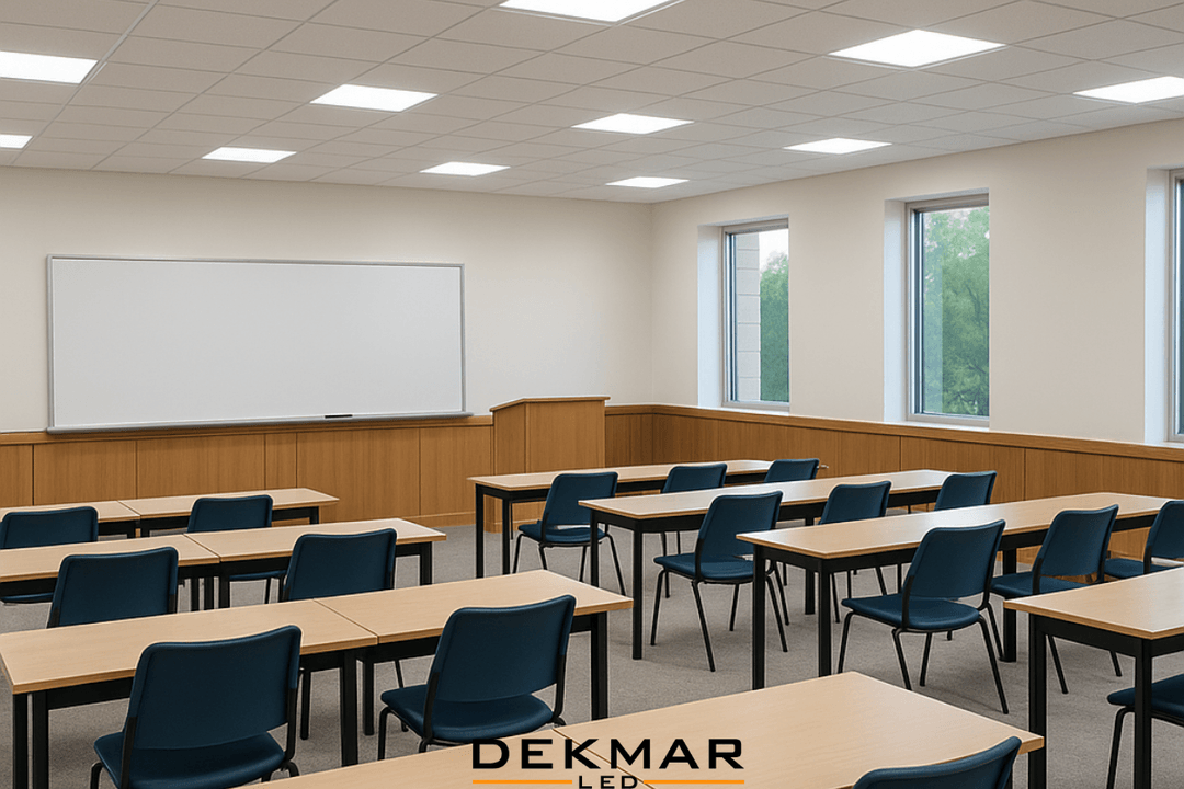 Üniversite sınıfında kullanılan Pelsan 60x60 sıva altı LED paneller ile homojen ve enerji tasarruflu aydınlatma çözümü. 