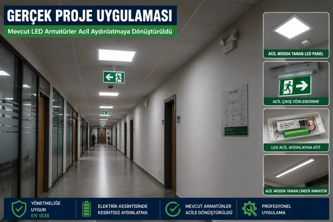 LED acil aydınlatma kitleri ile dönüştürülmüş ticari bina koridoru uygulaması&nbsp;