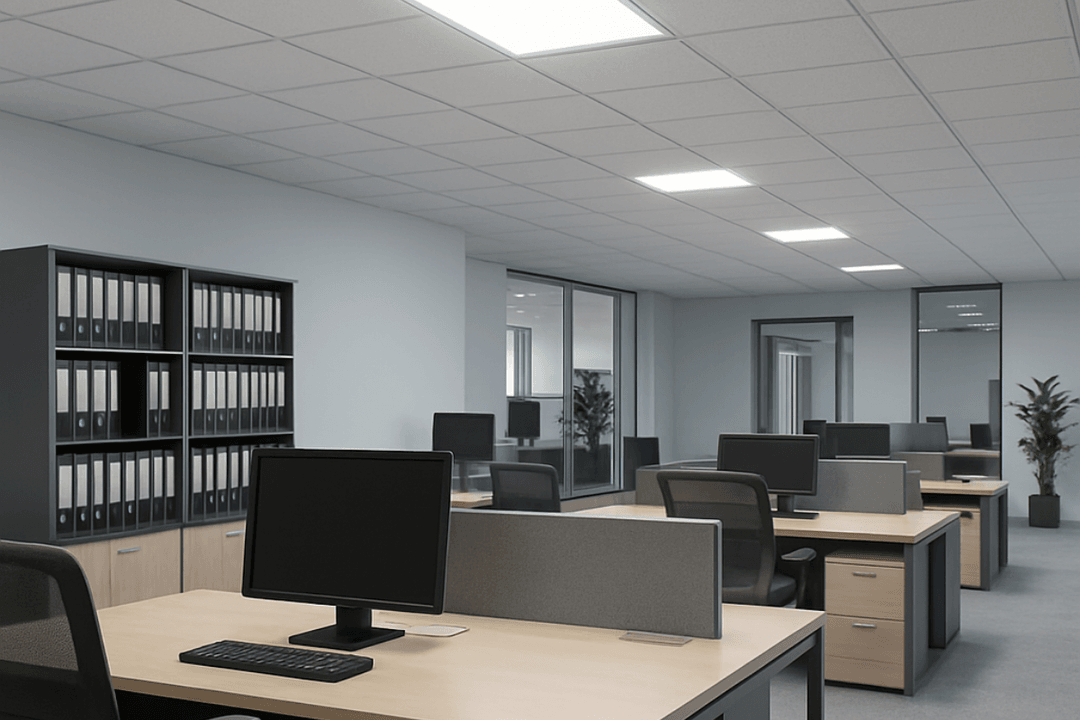 Modern bir ofis ortamında kullanılan led armatür 60x60 panel, homojen ışık dağılımıyla verimli çalışma alanı sunar. 