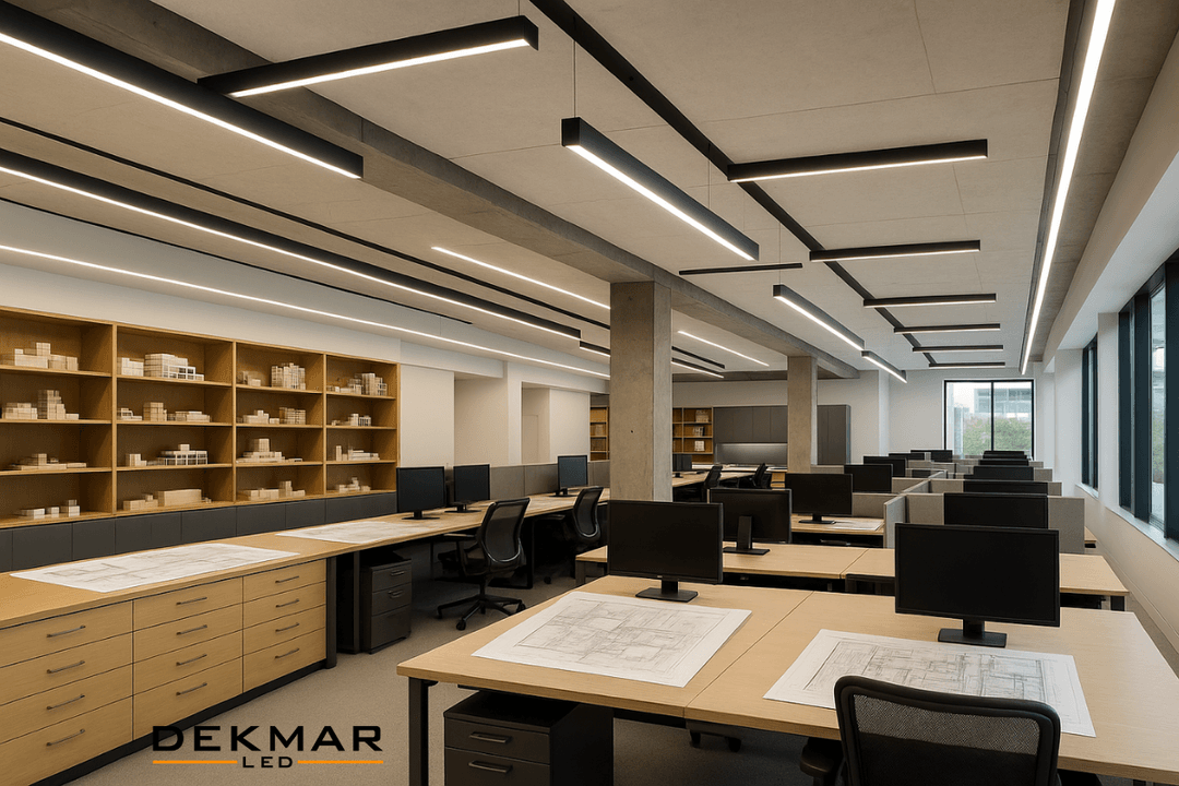 Lineer LED aydınlatmalarla donatılmış, sıva altı, sıva üstü ve askılı sistemlerin kullanıldığı şık ve işlevsel mimarlık ofisi tasarımı. 