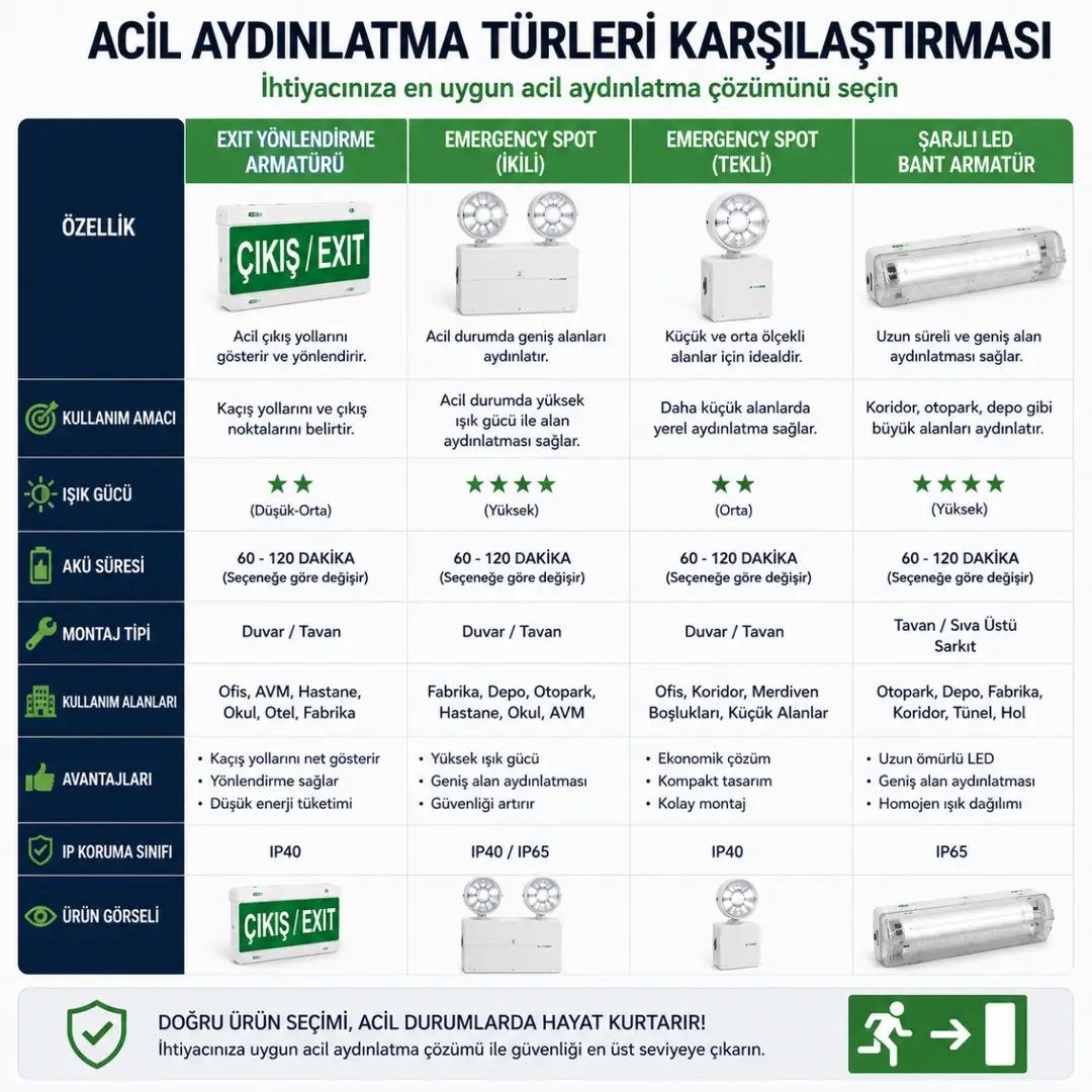 Şarjlı LED exit ve emergency spot acil aydınlatma türleri karşılaştırması&nbsp;