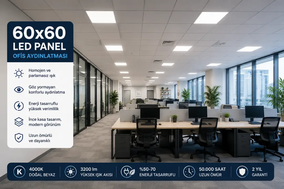 60x60 LED panel kullanılan modern ofis aydınlatma uygulaması&nbsp;