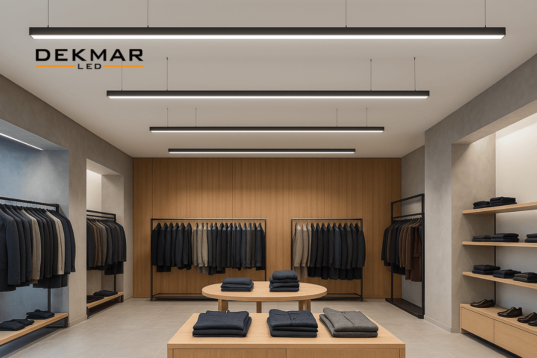Lineer LED sistemlerle aydınlatılmış modern mağaza iç mekânı; sıva üstü ve askılı dekoratif armatürlerle şık ve dengeli ışık sunumu. 