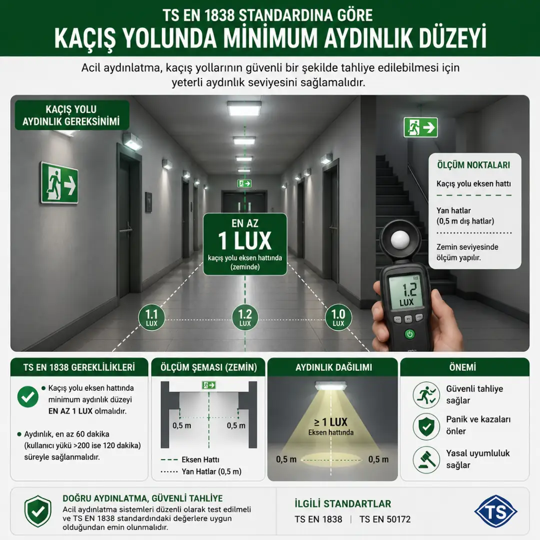 TS EN 1838 standardına göre kaçış yolunda minimum 1 lux aydınlatma&nbsp;