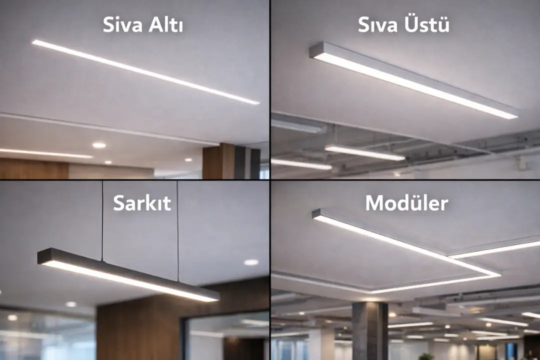 Sıva altı, sıva üstü, sarkıt ve kesintisiz modüler lineer aydınlatma modellerini gösteren karşılaştırmalı kolaj görsel&nbsp;