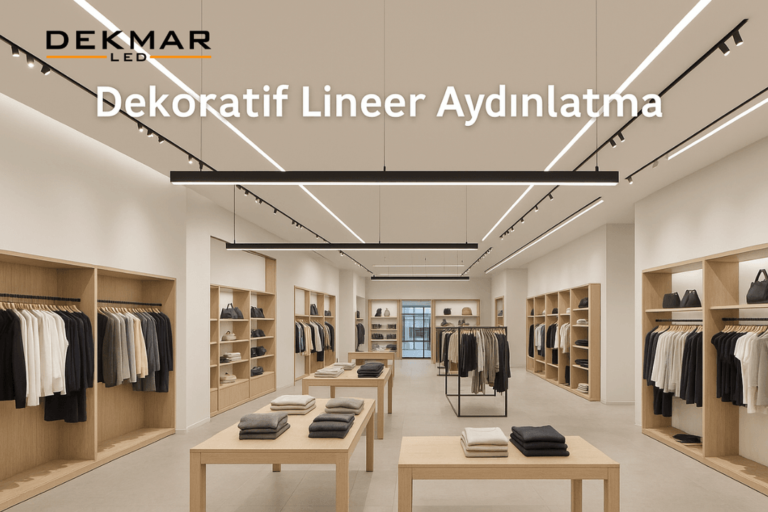 Sıva altı, sıva üstü ve askılı lineer LED sistemlerle aydınlatılmış modern mağaza iç mekânı; mimari bütünlük ve estetik görünüm sağlar. 
