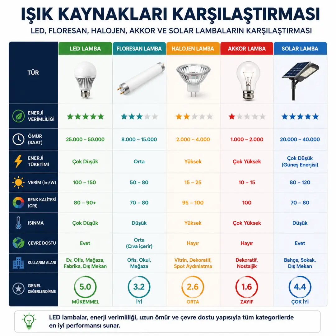LED, floresan, halojen ve akkor lambaların enerji ve ömür karşılaştırması&nbsp;