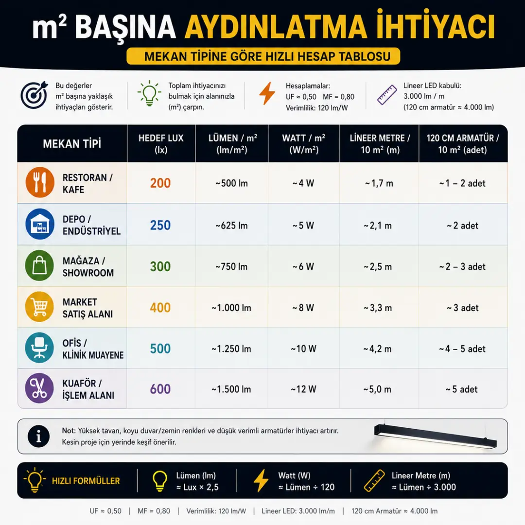 Mekana göre metrekare aydınlatma ihtiyacı&nbsp;