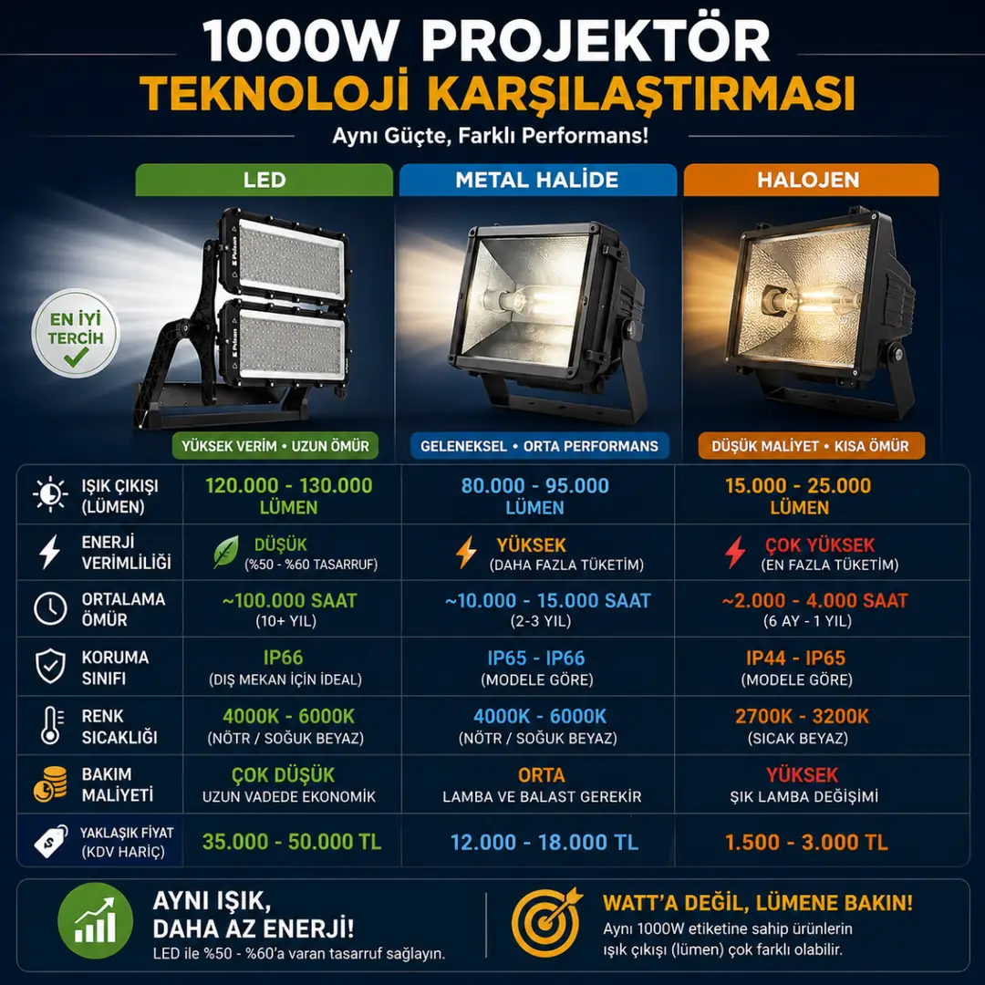 1000W LED metal halide ve halojen projektör karşılaştırması&nbsp;
