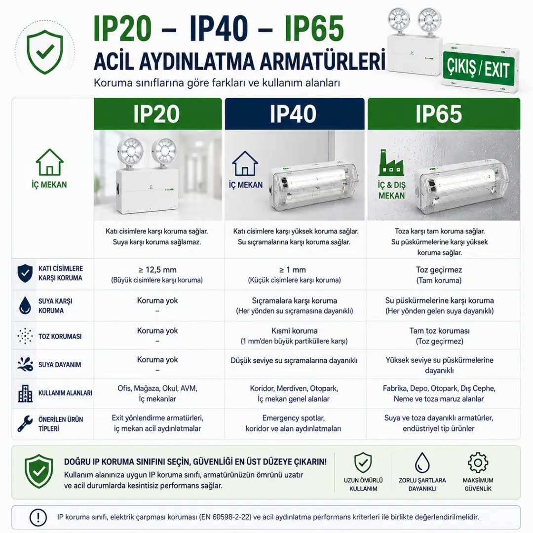 IP20 IP40 ve IP65 acil aydınlatma armatürleri koruma sınıfları&nbsp;