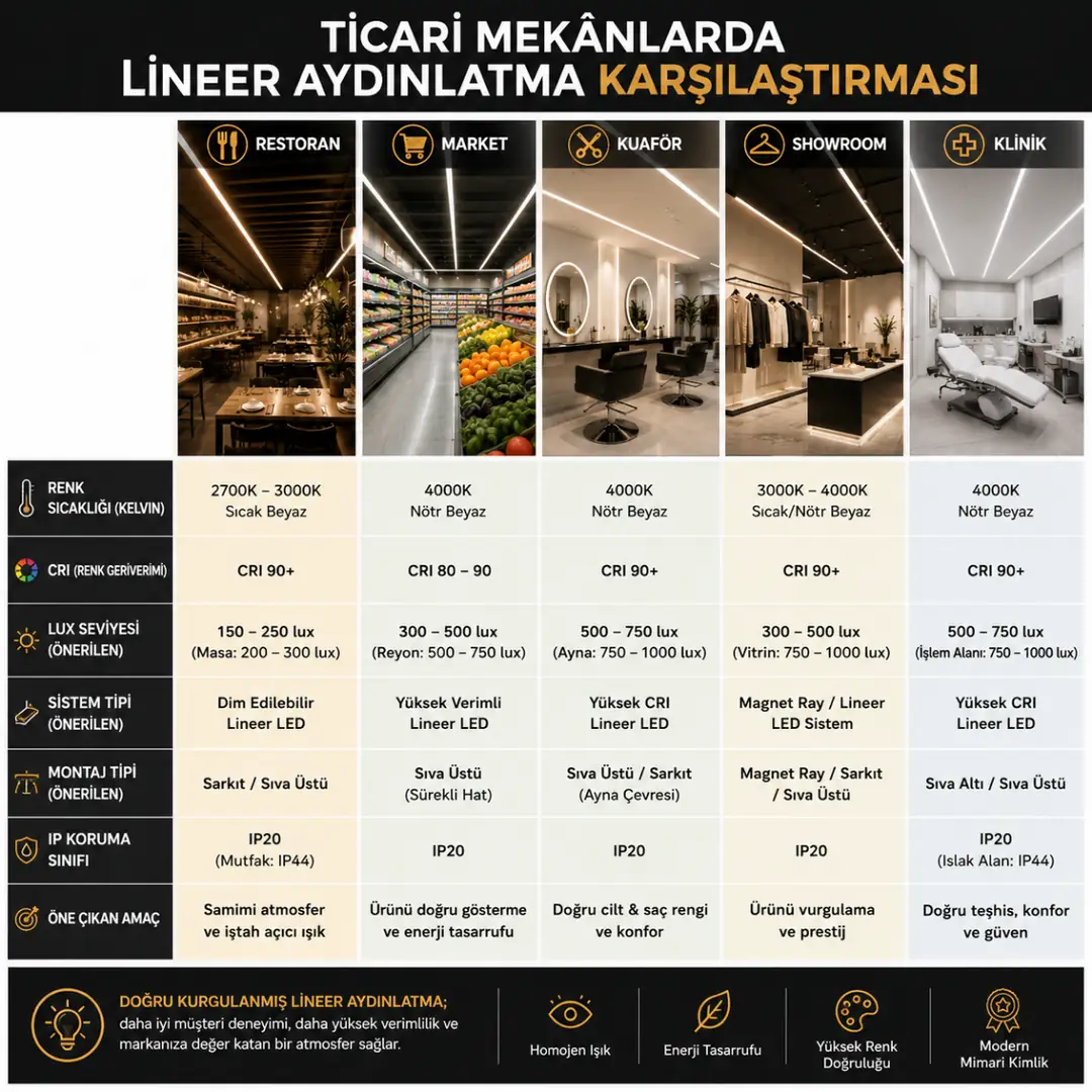 Ticari mekanlara göre lineer aydınlatma kriterleri&nbsp;