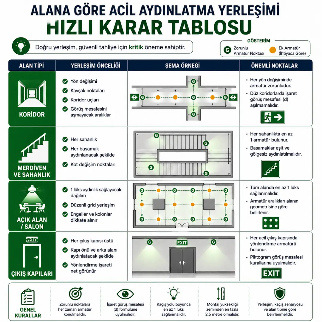 Alana göre acil aydınlatma armatürü yerleşim tablosu&nbsp;