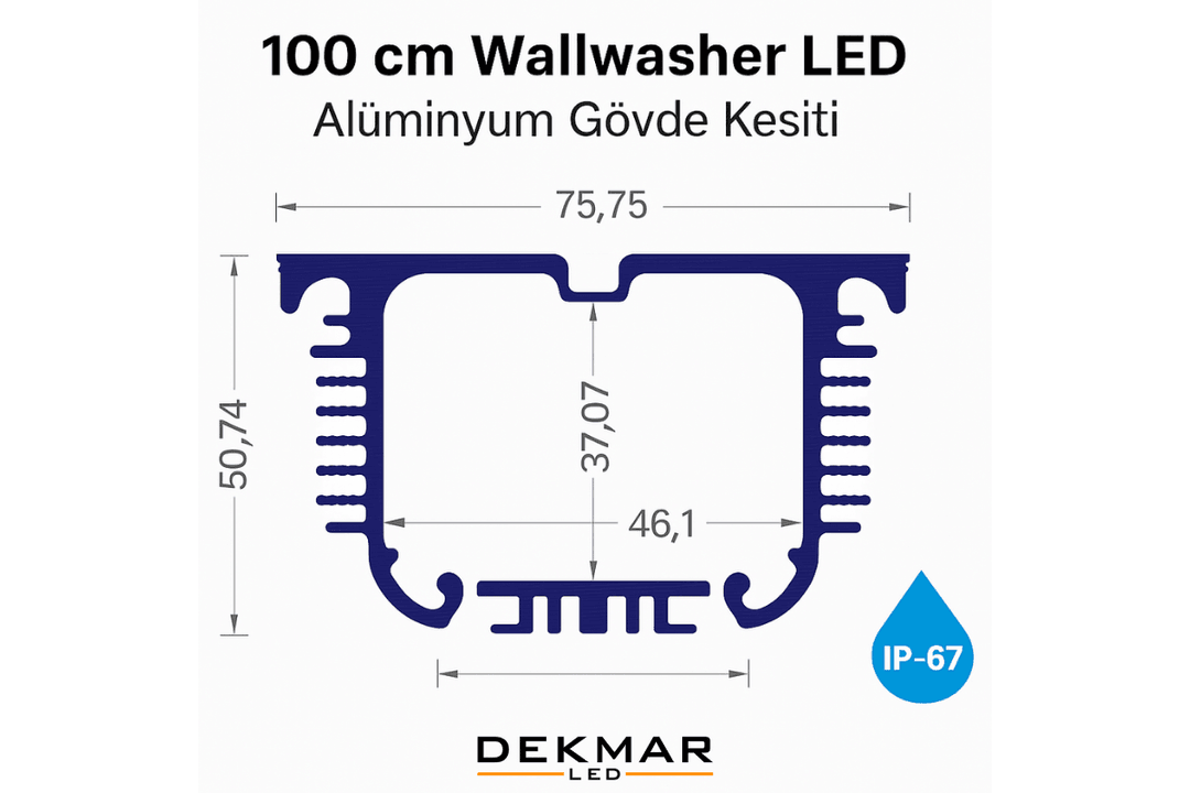 100 cm Wallwasher LED’in alüminyum gövde kesiti; IP67 koruma, verimli soğutma ve güçlü dış cephe aydınlatma tasarımıyla öne çıkar. 