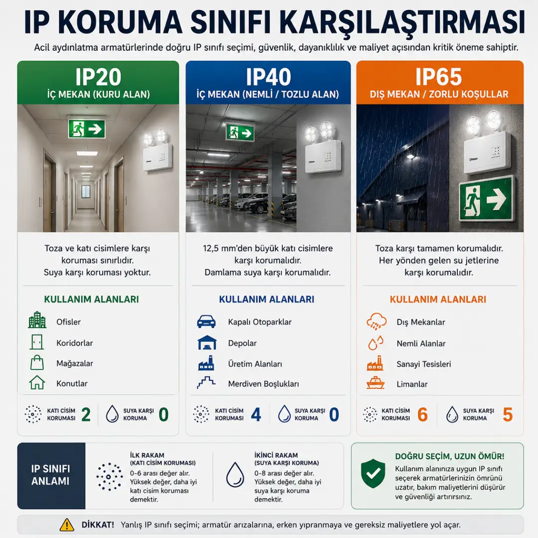 IP20 IP40 ve IP65 acil aydınlatma koruma sınıfları&nbsp;