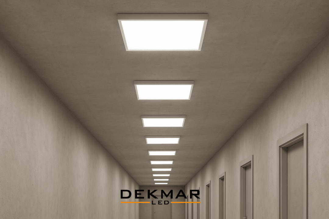 Okul koridorunda beton tavana monte edilmiş Pelsan 60x60 sıva üstü LED panel ile homojen ve güçlü aydınlatma sağlanır. 