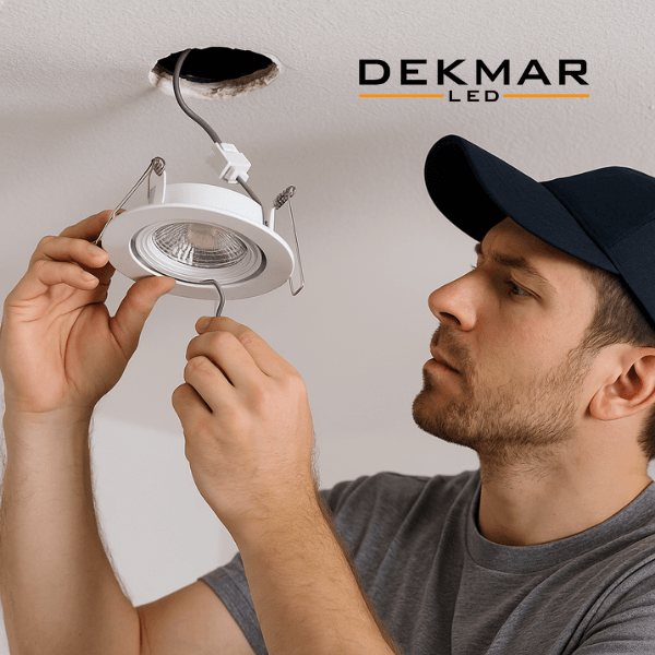 Tavana spot lamba montajı yapan usta, elektrik bağlantısı yaparken dikkatle LED gömme armatürü yerleştiriyor. 