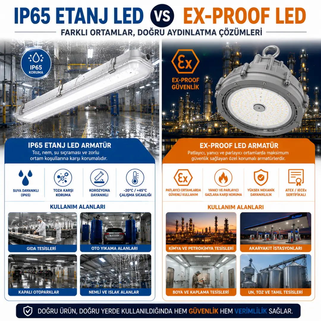 IP65 etanj ve ex-proof fabrika armatürü karşılaştırması&nbsp;