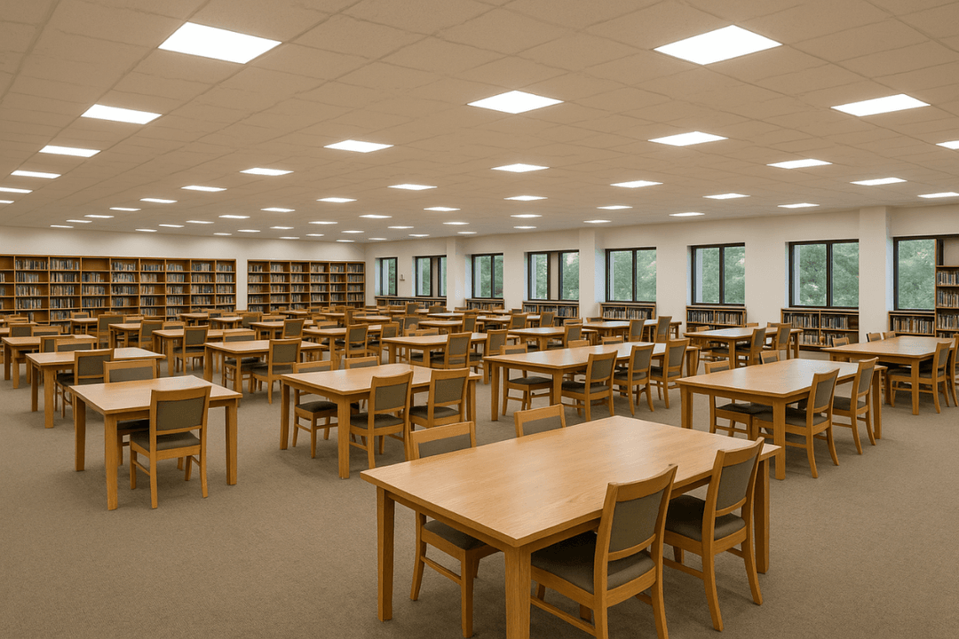 Kütüphane tavanına monte edilmiş Pelsan 60x60 LED panel, yüksek verimli ışık sağlayan modern ve estetik aydınlatma çözümüdür. 