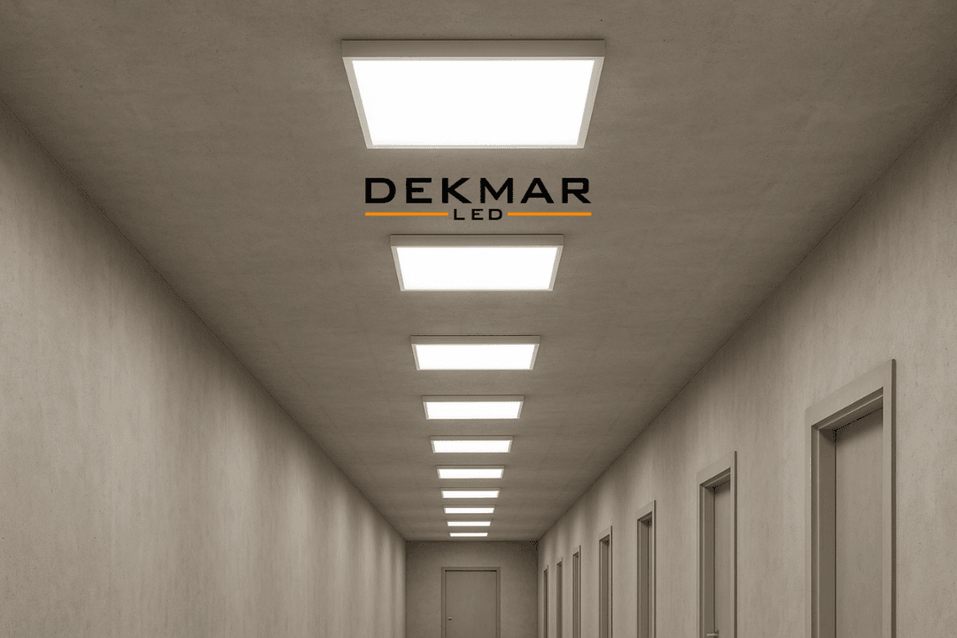 60 * 60 Panel LED Sıva Üstü aydınlatma, üniversite koridorunda tavan yüzeyine monte edilmiş şekilde güçlü ve homojen ışık veriyor. 