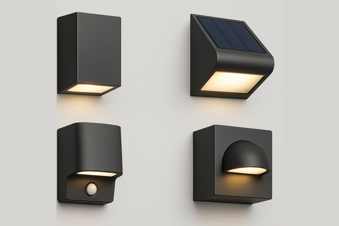 LED, solar ve hareket sensörlü bahçe duvar armatürü çeşitleri – görsel kolaj, 2025. 