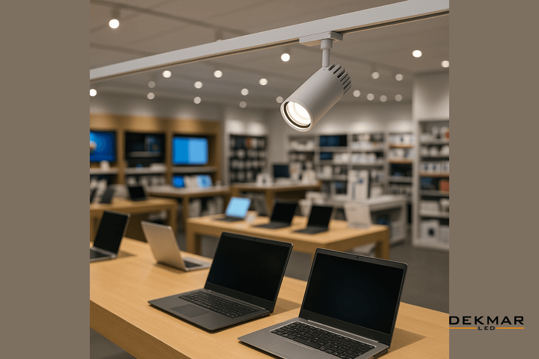 Ray spot armatür, elektronik mağaza vitrinlerinde odaklı LED aydınlatma ile ürünleri net ve dikkat çekici şekilde öne çıkarır. 