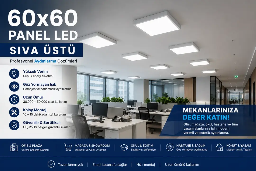 60x60 sıva üstü LED panel profesyonel aydınlatma çözümleri görseli&nbsp;