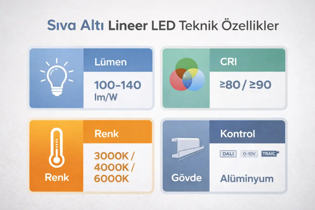 sıva altı lineer led teknik özellikler lümen cri renk sıcaklığı