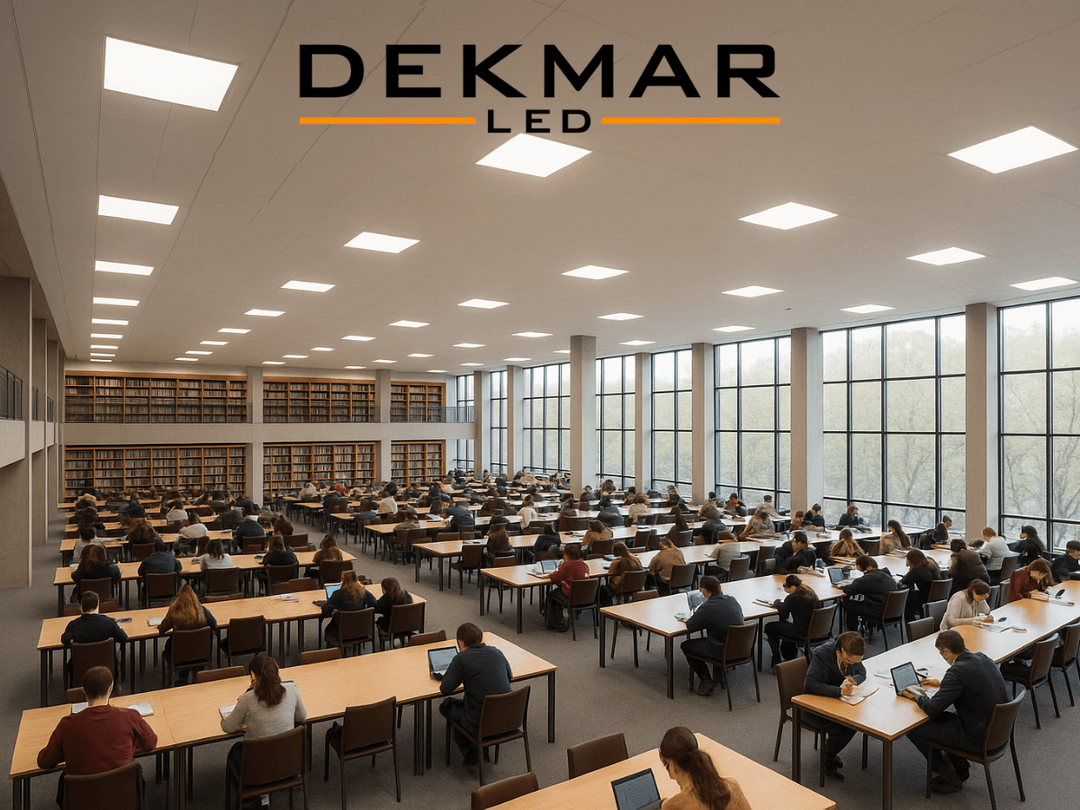 Üniversite kütüphanesinde uygulanan sıva üstü LED 60x60 paneller, geniş alanda homojen ve verimli aydınlatma sağlar. 