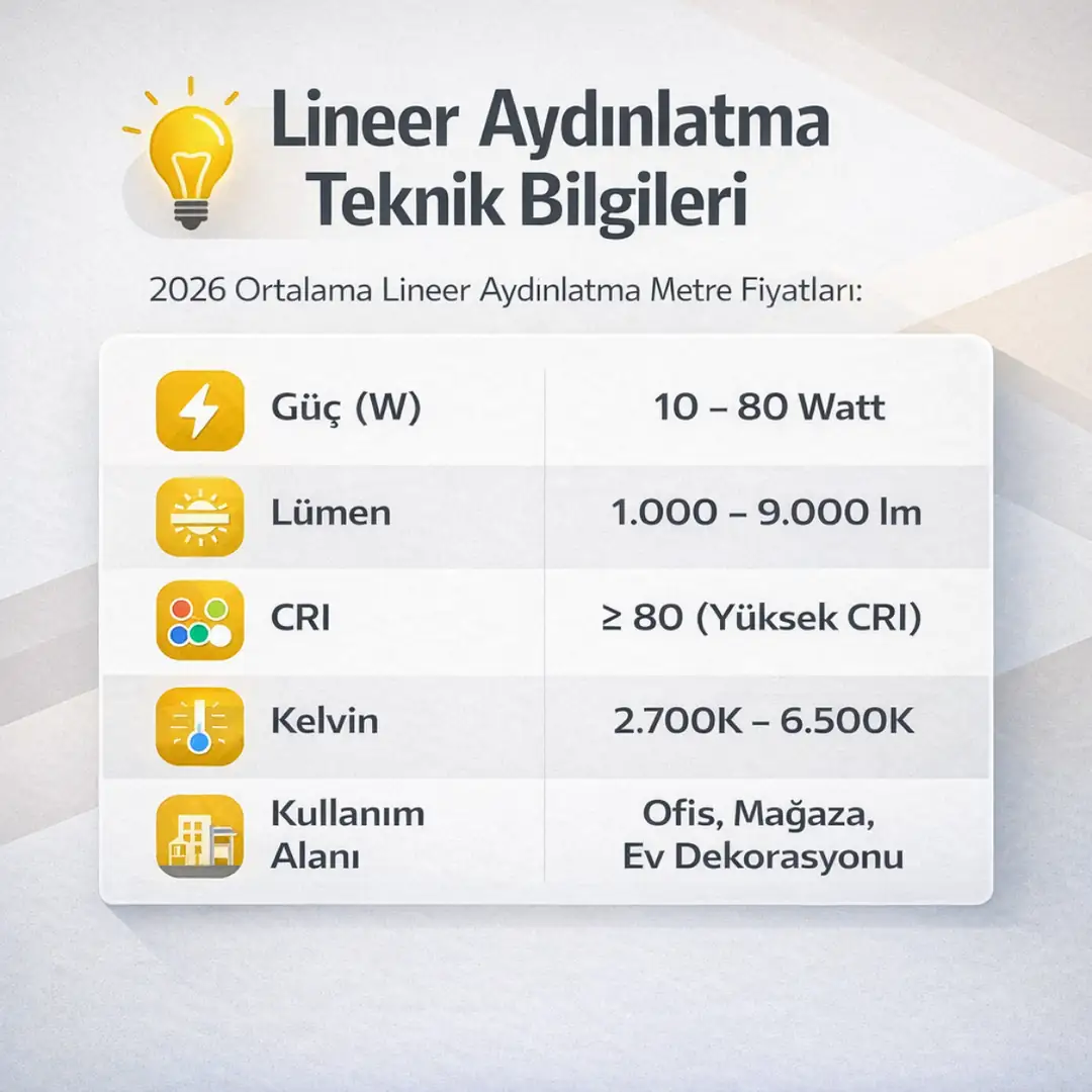 Lineer aydınlatma teknik bilgileri; güç (W), lümen, CRI, kelvin ve ofis, mağaza, ev kullanım alanlarını gösteren teknik özet.”