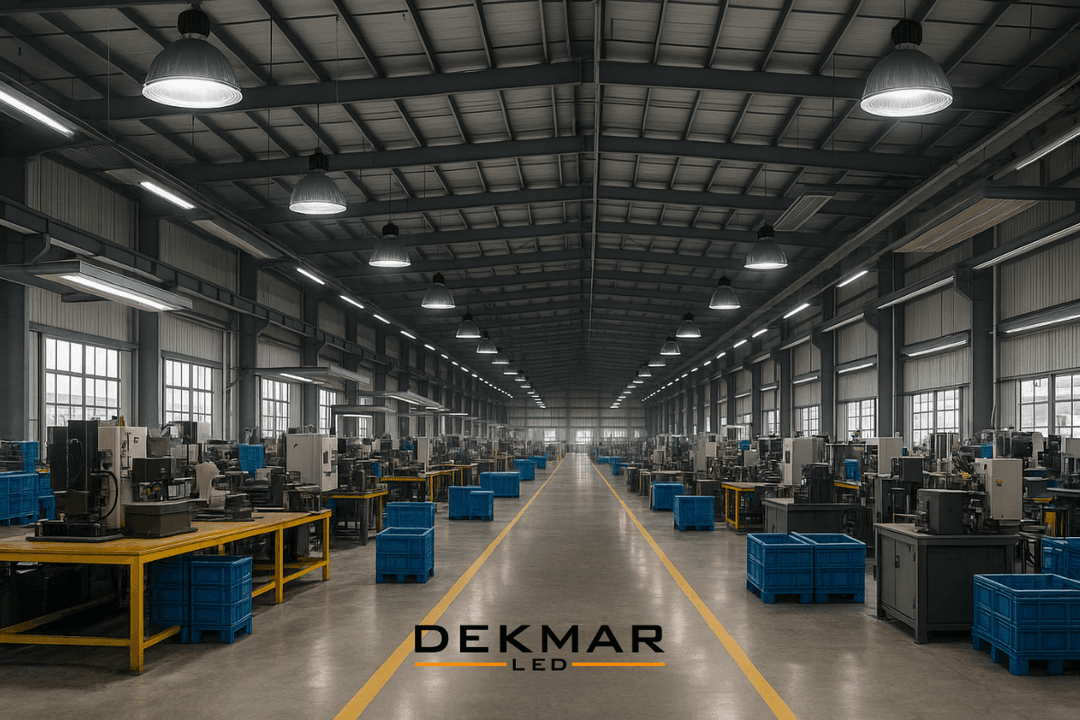 Geniş bir üretim fabrikasında LED highbay ve lineer aydınlatma armatürleriyle sağlanan güçlü ışıklandırma ortamı. 