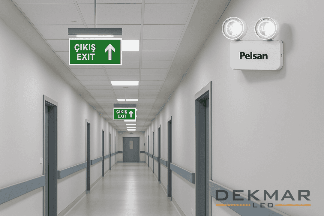 Pelsan LED acil durum aydınlatmalarıyla donatılmış hastane koridoru, güvenli tahliye sistemi. 