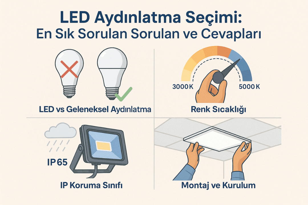 LED ve geleneksel ampul farkı, renk sıcaklığı, IP koruma ve montaj gibi bilgileri açıklayan sade infografik. 