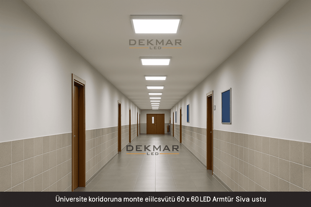 Üniversite koridoruna monte edilmiş sıva üstü 60x60 LED armatürler, homojen ve güçlü aydınlatma sağlıyor. 
