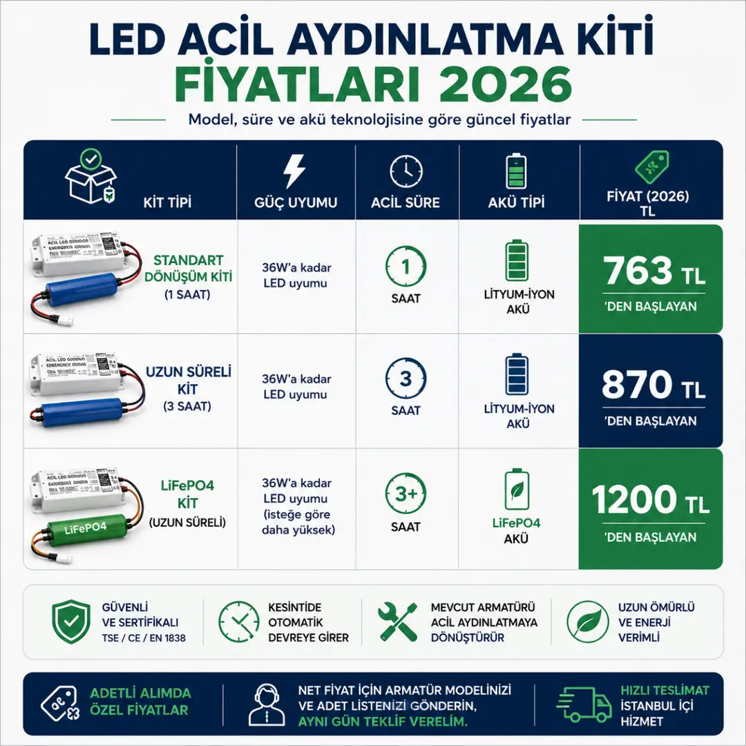 2026 LED acil aydınlatma kiti fiyat karşılaştırma tablosu
