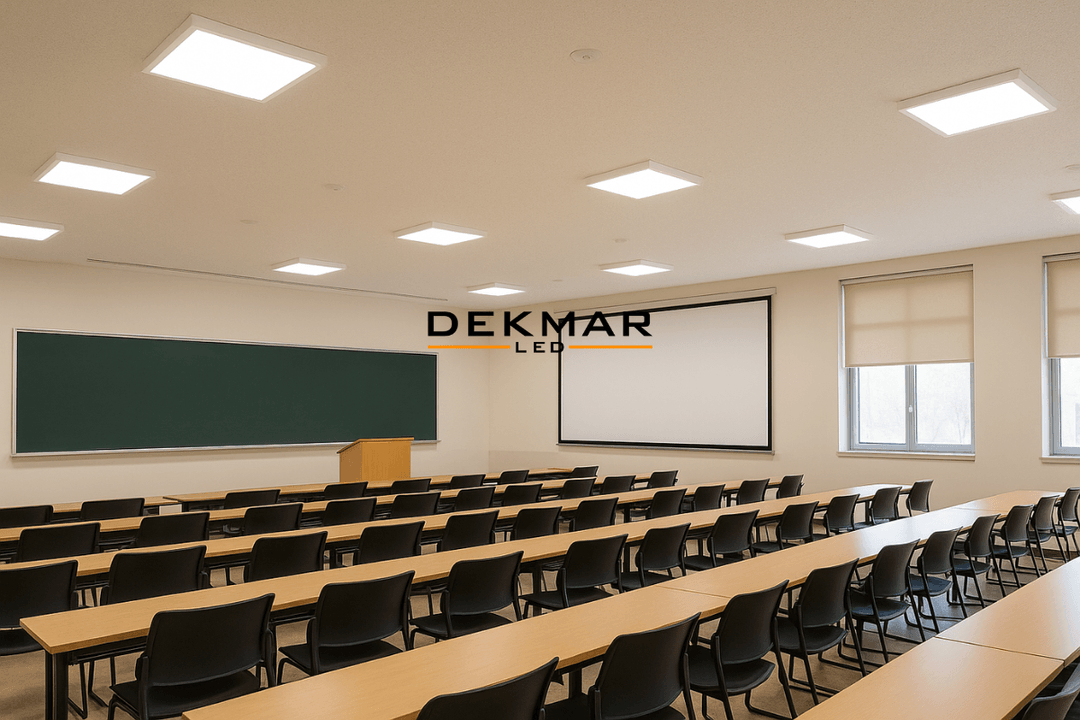 Üniversite dersliğinde kullanılan sıva üstü led panel 60x60 36W, homojen aydınlatma ve modern tavan uyumu sağlar.